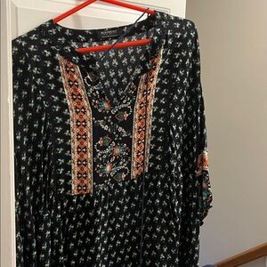 New!Bandana Tassels Lantern Sleeve Ruffle Pocket Keyhole Neck Dress